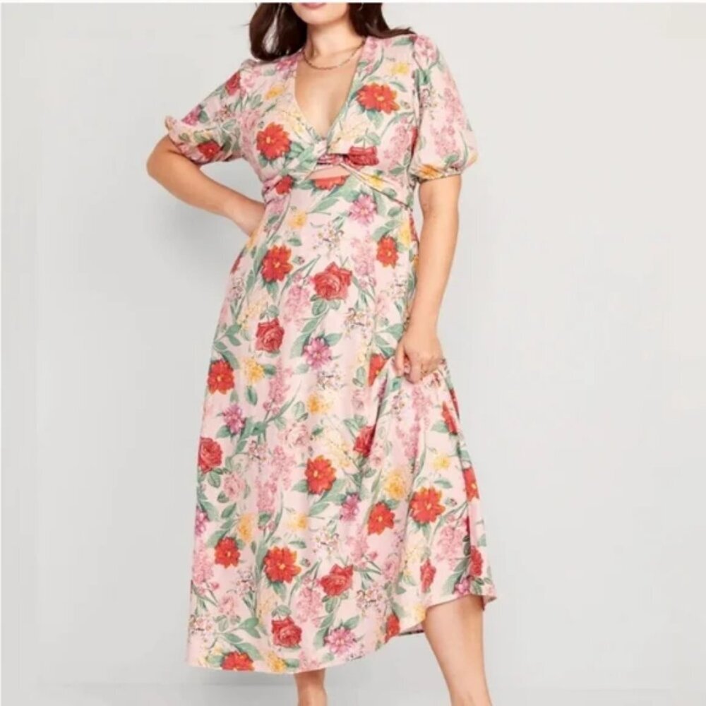 Old Navy womens pink flower twist wrap puff sleeve linen blend dress size medium